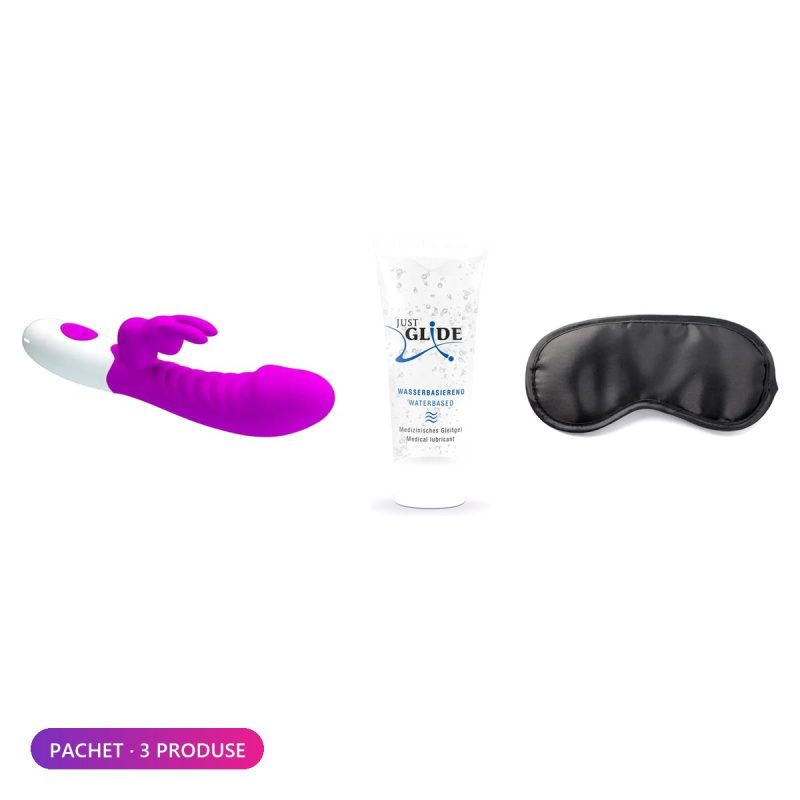 Pachet cu vibrator rabbit Naughty Bunny: vibrator, lubrifiant și mască