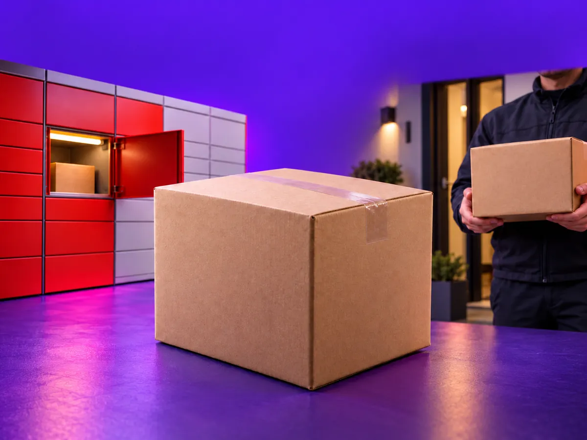 Curier cu colete neutre lângă easybox, livrare discretă